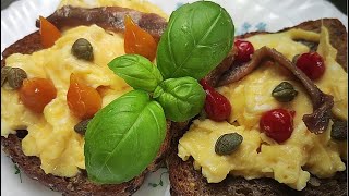 Toast called Victorian scotch woodcock  SCRAMBLED EGGS ON TOAST with anchovies  cooking food [upl. by Akinit677]