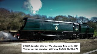 34070 Manston Storms The Swanage Line with 500 Tonnes on the drawbar Strictly Bulleid 010417 [upl. by Idelson]