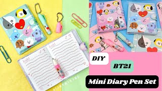 DIY BT21 Mini Diary Pen Set  How to Make Cute BT21 BTS Mini Notebook  School SuppliesPaper Craft [upl. by Pevzner]