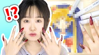 I DRAW Sailormoon using copic markers with NAIL EXTENSIONS CHALLENGE [upl. by Tommi]