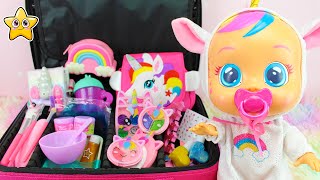 BEBÉS LLORONES Dreamy 🦄🌈 MALETA PAÑALERA para PIJAMADA de UNICORNIO con Maquillaje para niñas [upl. by Llered]