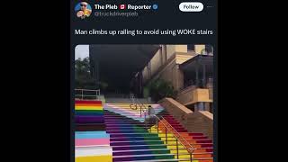 Man climbs up railing to avoid using WOKE stairs [upl. by Alyehc]