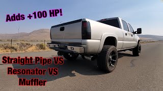 5” Duramax Diesel Exhaust Comparison Muffler VS Resonator VS Straight Pipe [upl. by Alton]