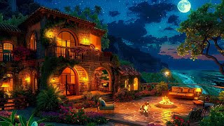 Cozy Seaside Mansion at Night  Smooth Jazz Background Music with Fireplace amp Waves Sounds for Relax [upl. by Philippe]