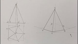 Engineering Drawing  Projections of Pentagonal Pyramid when one Triangular Face on HP [upl. by Ahsinrad]