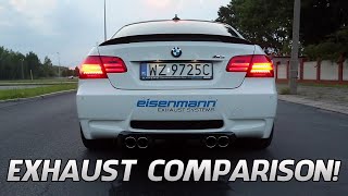 BMW M3 E92 Exhaust Comparison Eisenmann Akrapovic Meisterschaft etc [upl. by Awjan]