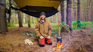 UK Solo Bushcraft Wildcamp In A UFO Forest Pot HangerHammockWild MushroomsAxe and Knife Skills [upl. by Ayeki]