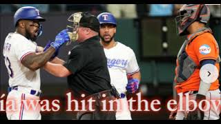 Astros Rangers benches clear after Adolis Garcia hit by a pitch multiple players ejected [upl. by Ynittirb300]