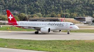 Embraer E190E2 HBAZE Helvetic Airways takeoff Sion airport Valais Switzerland 12102023 [upl. by Elenahc]