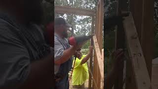 Squaring walls diy construction framing homestead shedbuild [upl. by Lerrud924]