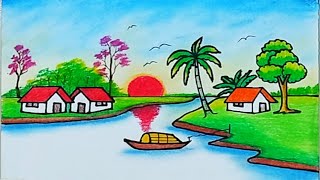 How to draw village scenery with oil pastel step by step how to draw beautiful landscape scenery [upl. by Celia]