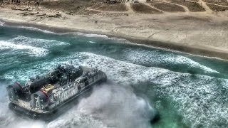 US Military Hovercraft LCAC amp Assault Amphibious Vehicle Beach Landing Aerial View [upl. by Thorr]