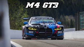 BMW G82 M4 GT3  LOUD EXHAUST flybys amp Turbo sounds  2022 Spa test [upl. by Naeerb]