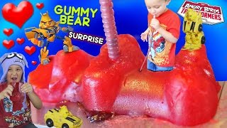 Kid Drinks Jelly from Giant Gummy Bear  Valentines Day Angry Birds Transformers Surprise Part 2 [upl. by Rutan]