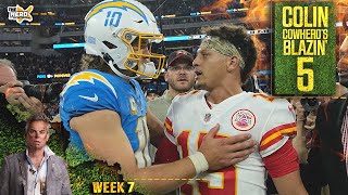 Blazin 5 Chargers upset Chiefs Eagles defeat Dolphins highlight Colins Week 7 picks  THE HERD [upl. by Ahsilam]