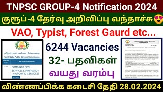 TNPSC Group4 official notification released 2024  TNPSC vao typist notification apply online [upl. by Ennairb]