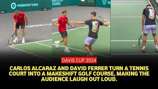 Davis Cup 2024 Highlights Carlos Alcaraz tries golf on tennis court with David Ferrer [upl. by Notsa]