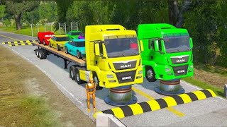 Double Flatbed Trailer Truck vs Speedbumps Train vs Cars BeamngDrive3 [upl. by Kcid]