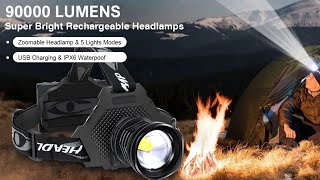 Bud K LED Headlamp USB Rechargeable Head Lamp XHP70 Super Bright 90000 High Lumen with 5 Modes [upl. by Lanor593]