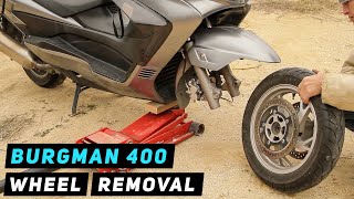 07 Suzuki Burgman 400  Front Wheel Removal  Mitchs Scooter Stuff [upl. by Ahsein]