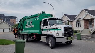 2 JMV Environnement Freightliner 108 SD Chagnon Garbage Trucks Rear Loader In Action On Recycle [upl. by Alauqahs]