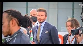 David Beckham Taking A Peek at Lewis Hamilton at Qatar Grand Prix [upl. by Aimar235]