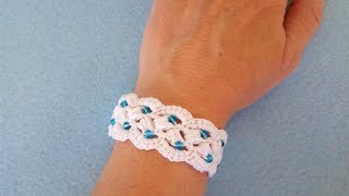 Bracciale con Perle ad Uncinetto Crochet Bracelet Pearl  Brazalete perlas crochet Pulsera crochet [upl. by Ulysses]