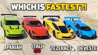 GTA 5 ONLINE  DEVESTE VS PARIAH VS ITALI GTO VS TEZERACT WHICH IS FASTEST [upl. by Merkley]