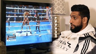 😳 Amir Khans reaction to Terence Crawfords brutal KO of Jose Benavidez [upl. by Adlesirhc]