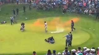 VIDEO climate protesters run onto 18th green and spray powder delaying finish of PGA Tour event [upl. by Argela]