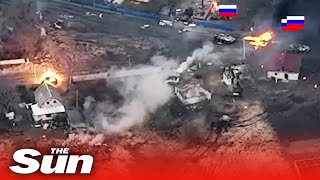 Ukrainian tank single handedly destroys massive Russian convoy east of Kyiv [upl. by Aizan]