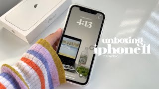 iphone 11 unboxing 2023 white 🐰🤍 aesthetic unboxing  set up accessories amp camera test ✧ [upl. by Cottrell545]