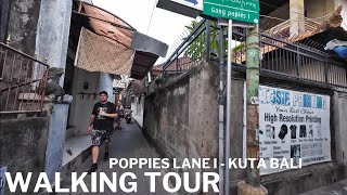 POPPIES LANE 1 WALKING TOUR  Walking Tour Kuta Beach Main Street Poppies Bali Today 2024 [upl. by Yelrebmyk]