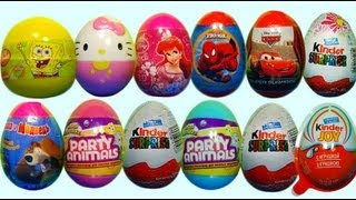 12 Kinder Surprise and Surprise Eggs SpongeBob HELLO KITTY Cars Disney Princess SPIDER MAN [upl. by Irreg]