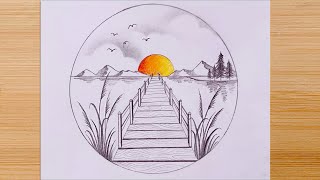 How to draw scenery of Sunrise over the mountains  step by step  Pencil Sketch  landscape [upl. by Eniksre]