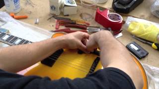 Archtop guitar F hole plug installation demonstration [upl. by Htebharas]