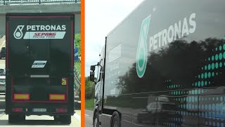 Petronas Sepang Racing Team SCANIA Sattelschlepper auf Autobahn  Trucks on highway  MotoGPBikes [upl. by Acireed]