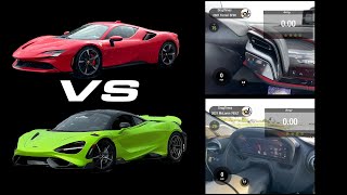 Ferrari SF90 vs McLaren 765LT Street Testing Dragy Comparison Shorts [upl. by Dorry222]