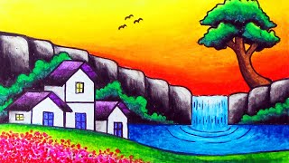 How to Draw Nature Scenery of Waterfall Sunset and Houses  Easy Waterfall Sunset Scenery Drawing [upl. by Nylaret313]