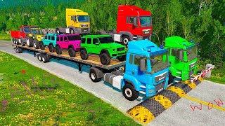 Double Flatbed Trailer Truck vs Speedbumps Train vs Cars Tractor vs Train BeamngDrive65 [upl. by Ecydnac736]