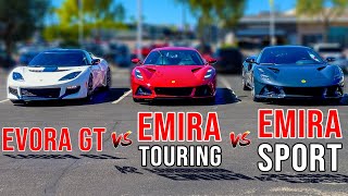 2023 Lotus Emira Sport Chassis vs Emira Touring vs 2021 Lotus Evora GT [upl. by Orme]