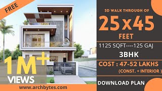 25x45 House Design 3D  1125 Sqft  125 Gaj  3 BHK  Modern Design  Terrace Garden  8x14 Meters [upl. by Gracie]