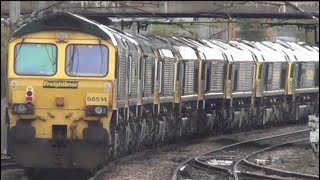 Rare class 66 locomotives convoy through Warrington Bank Quay station Great Britain [upl. by Nelle]