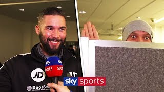 FUNNY FELLA Oleksandr Usyk spies on Tony Bellew during Sky Sports interview 😂 [upl. by Leuqim112]