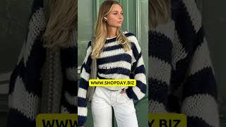 Loose Striped Pullover Sweater Fashion Versatile Longsleeved Knitted Tops For Women Clothing [upl. by Ricky946]