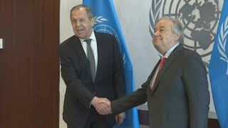 UN SecretaryGeneral Antonio Guterres meets with Russia’s Foreign Minister Sergei Lavrov  AFP [upl. by Yesdnyl]