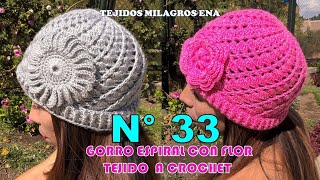 Como tejer el Gorro N° 33 a crochet o ganchillo en punto Espiral con Flor para bebés niñas y damas [upl. by Randy]