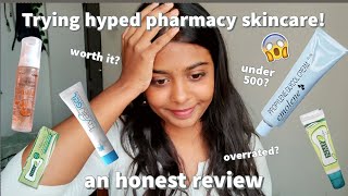 Trying Hyped Pharmacy Skincare Products 😱 Indian pharmacy skincare products under 500 [upl. by Eicrad]