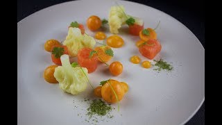 Plating Food 49  Smoked salmon orange puree cauliflower matcha green tea physalis 2 [upl. by Gylys]