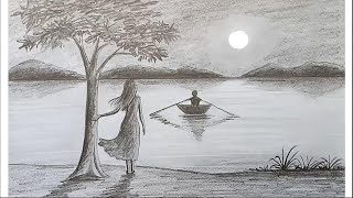 How to draw scenery of Moonlight night by pencil sketch step by step [upl. by Paapanen]